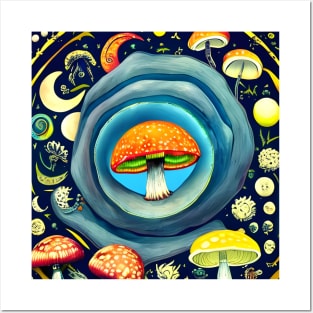 Whimsical mushrooms and moon. Posters and Art